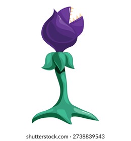 Cartoon illustration of a purple venus flytrap with green stem and leaves, opening its mouth showing sharp teeth