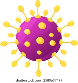 Cartoon illustration of a purple virus cell with yellow spikes, representing the spread of infection and highlighting the importance of hygiene and preventive measures