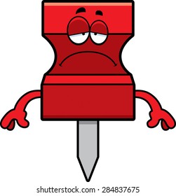 A cartoon illustration of a pushpin looking sad.
