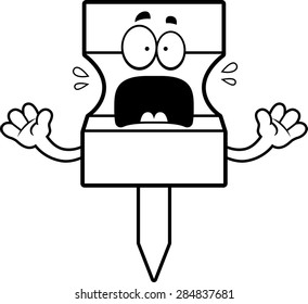 A cartoon illustration of a pushpin looking scared.