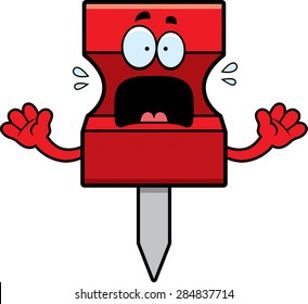 A cartoon illustration of a pushpin looking scared.