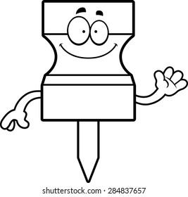 A cartoon illustration of a pushpin waving.