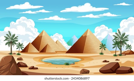 Cartoon illustration of pyramids beside a desert oasis.