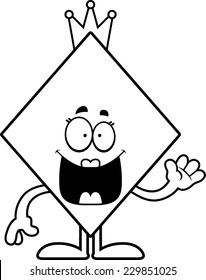 A cartoon illustration of the queen of diamonds waving.