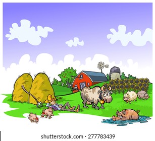 Cartoon illustration of a quiet farm. All on separated layers. 