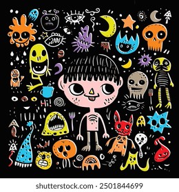 Cartoon illustration of a quirky boy surrounded by various monsters and whimsical doodles with an offset effect, set against a dark background filled with abstract and playful elements.
