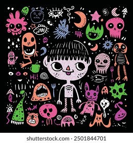 Cartoon illustration of a quirky boy surrounded by various monsters and whimsical doodles with a halftone effect, set against a dark background filled with abstract elements.