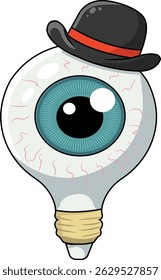 Cartoon illustration of a quirky eyeball character shaped like a lightbulb, wearing a black bowler hat with a red band. 