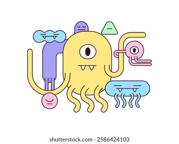 cartoon illustration of a quirky monster shaping abstract shapes hand drawn vector