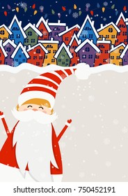 Cartoon illustration with quote "Happy New Year" on winter background. Greeting card for christmas holidays. Vector 