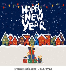 Cartoon illustration with quote "Happy New Year" on winter background. Greeting card for christmas holidays. Vector