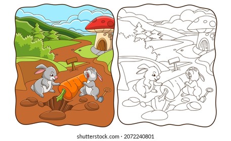 cartoon illustration rabbit digging a carrot book or page for kids