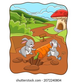 cartoon illustration rabbit digging a carrot
