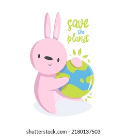 Cartoon illustration of an rabbit with earth in support of ecology. save the planet for design, books, print, design, poster, greeting card, postcard