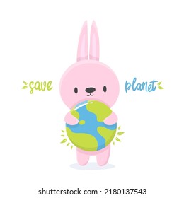 Cartoon illustration of an rabbit with earth in support of ecology. save the planet for design, books, print, design, poster, greeting card, postcard