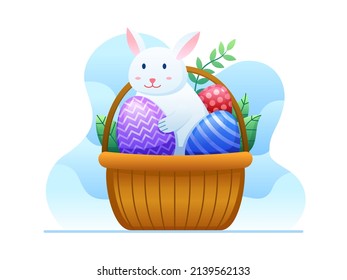 Caricatura Ilustración Conejo y Huevo de Pascua en Cesta. Hermosos huevos de Pascua decorados. Ilustración del Feliz Día de Pascua. Se puede usar para tarjetas de felicitación, postales, libros, web, animación, etc