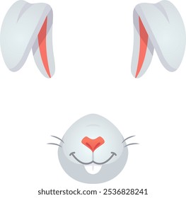 Cartoon illustration of a rabbit face featuring large ears, a pink nose, whiskers, and a cheerful smile