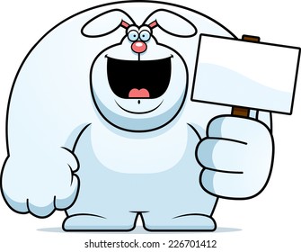 A cartoon illustration of a rabbit holding a sign.
