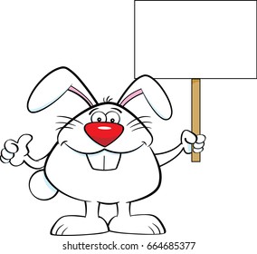 Cartoon illustration of a rabbit holding a sign and giving thumbs up.