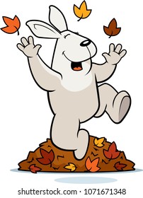 A cartoon illustration of a rabbit jumping in autumn leaves.