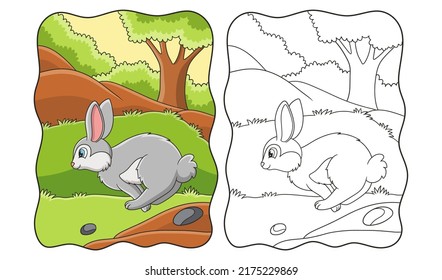 cartoon illustration Rabbit jumping and running looking for food in the forest book or page for kids