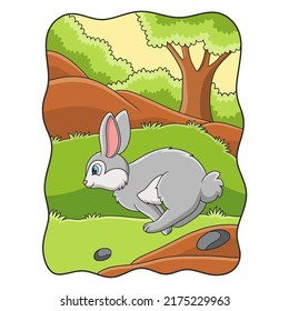 cartoon illustration Rabbit jumping and running looking for food in the forest