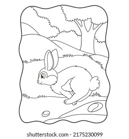 cartoon illustration Rabbit jumping and running looking for food in the forest book or page for kids black and white