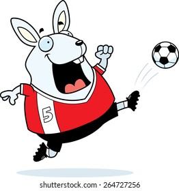 A cartoon illustration of a rabbit kicking a soccer ball.