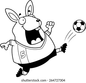 A cartoon illustration of a rabbit kicking a soccer ball.