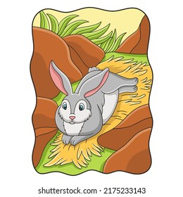 cartoon illustration the rabbit is lying on the hay under the cliff to enjoy the sunshine in the middle of the forest
