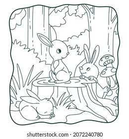 cartoon illustration the rabbit is in the middle of the forest book or page for kids black and white