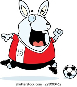 A cartoon illustration of a rabbit playing soccer.