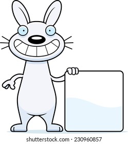 A cartoon illustration of a rabbit with a sign.