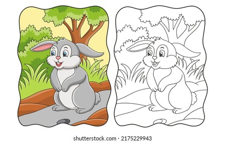 cartoon illustration The rabbit standing in the middle of the forest looks around for food book or page for kids