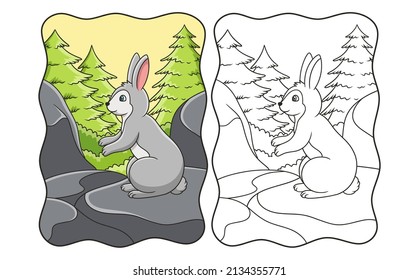 cartoon illustration the rabbit is standing on a rock cliff in a position ready to jump book or page for kids