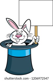 Cartoon illustration of a rabbit in a top hat and holding a sign.