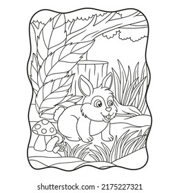 cartoon illustration a rabbit walking in the woods looking for food book or page for kids black and white