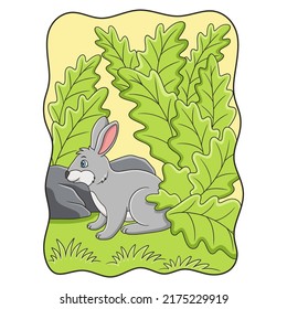 cartoon illustration rabbits who are looking for food and shelter under the leaves of a large tree because of the hot sun