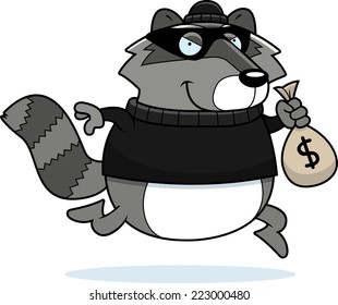 A cartoon illustration of a raccoon burglar stealing money.