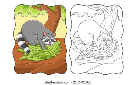 cartoon illustration The raccoon is gathering leaves from a big tree to make a nest for it to live in book or page for kids
