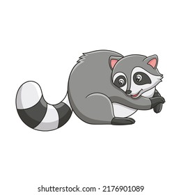 cartoon illustration The raccoon is lying and relaxing on a lotus leaf in the middle of the river