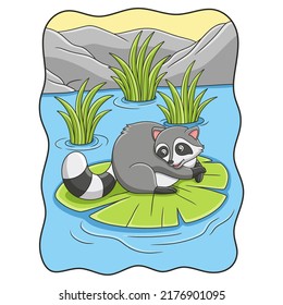 cartoon illustration The raccoon is lying and relaxing on a lotus leaf in the middle of the river