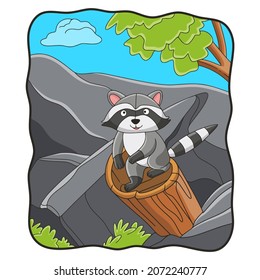 cartoon illustration raccoon on a tree trunk