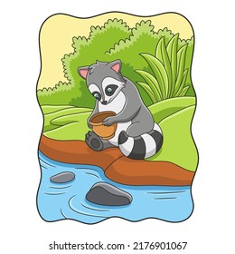 cartoon illustration The raccoon is sitting by the river holding the jar and playing with it