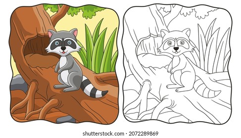 cartoon illustration raccoon standing on a big tree book or page for kids