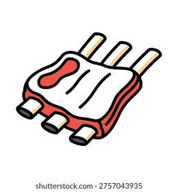 A cartoon illustration of a rack of raw meat ribs, showing bones and red flesh, ready for culinary preparation and cooking.