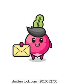 cartoon illustration of radish holding a yellow letter , cute style design for t shirt, sticker, logo element