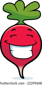 A cartoon illustration of a radish smiling and happy.