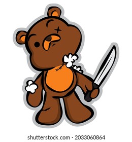 Cartoon Illustration of Ragged Teddy Bear carrying a knife and going to terror, best for decal, mascot, and t-shirt design with halloween themes