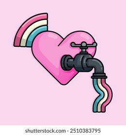 Cartoon Illustration of rainbow comes out of the tap installed in the heart of love. Can be used for birthdays, parties, Valentine Day, celebrations and printed on t-shirts, hoodies, tote bags